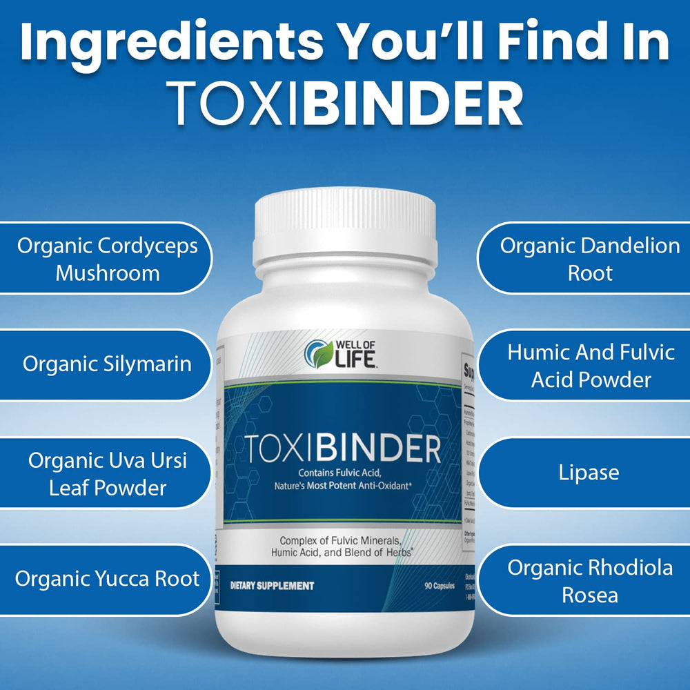 Well of Life ToxiBinder in-use with glass of water for daily routine.