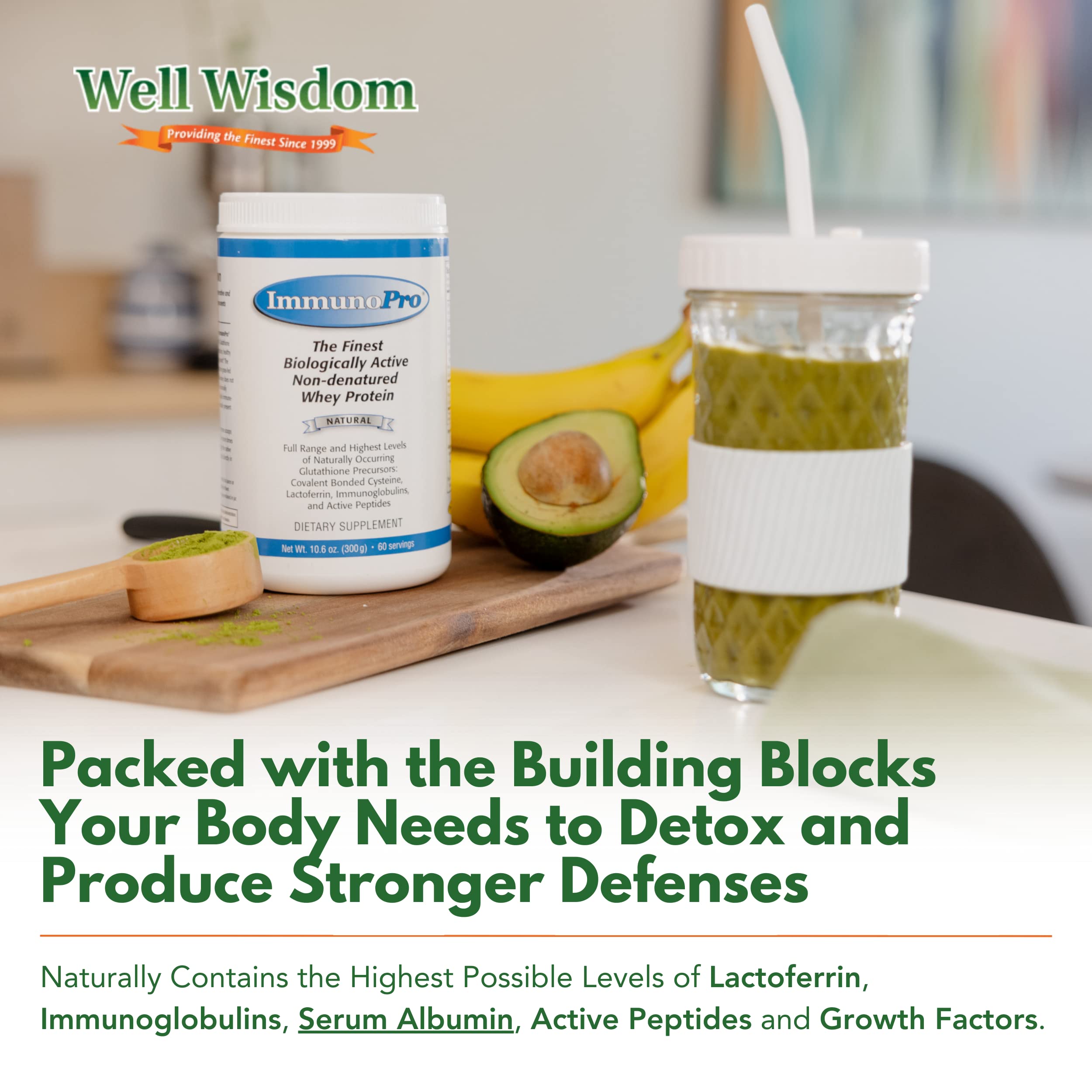 Well Wisdom ImmunoPro bottle pouring powder into a shaker for smoothies.