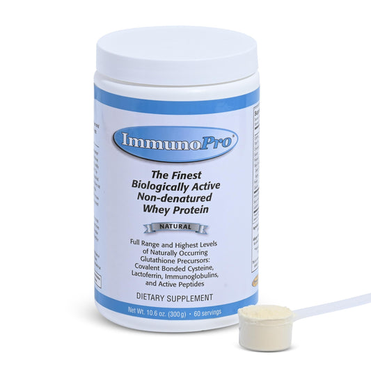 Well Wisdom ImmunoPro grass-fed whey powder tub front view for clean daily protein.