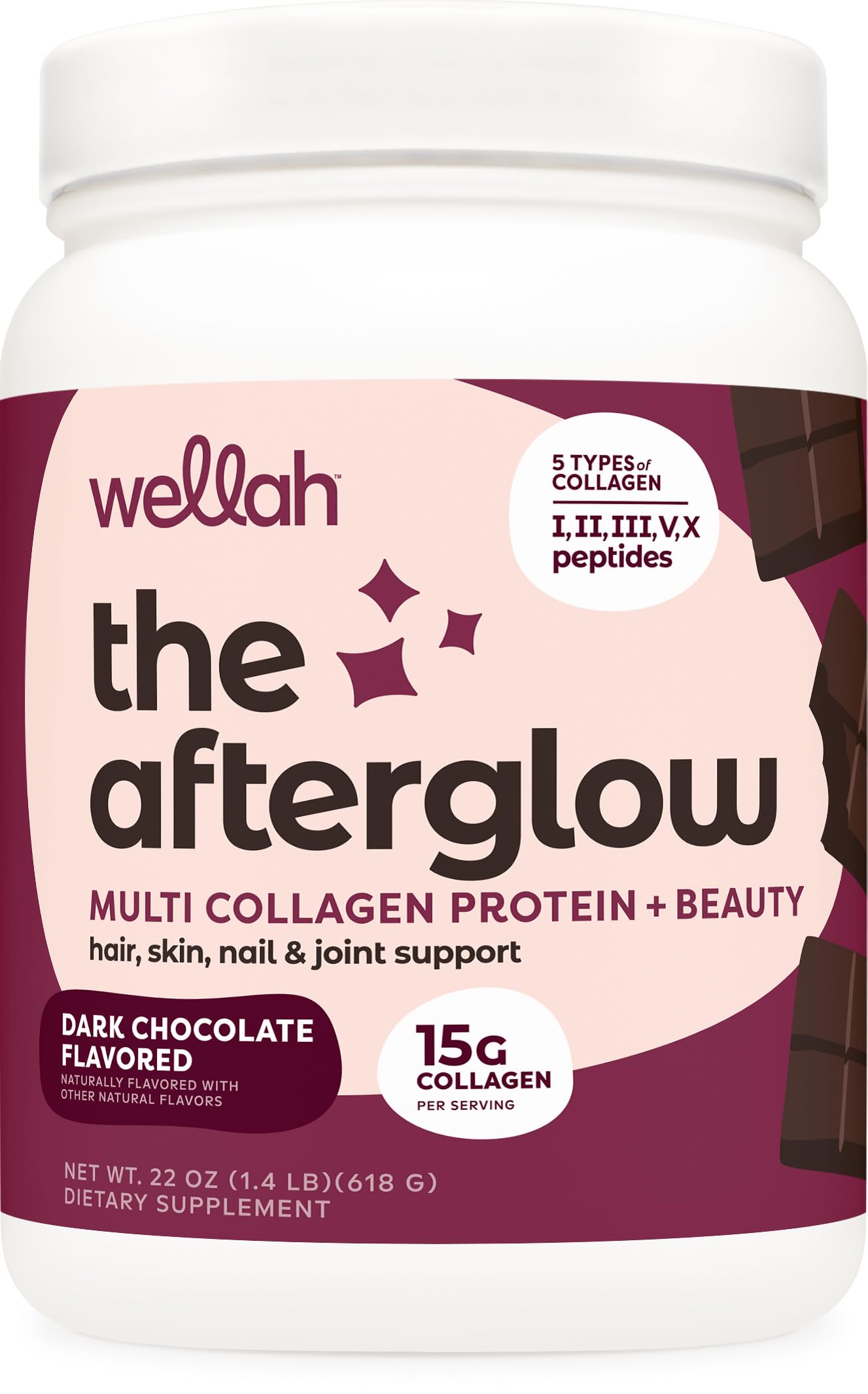 Wellah Afterglow bottle front shows five-collagen blend for daily beauty support.