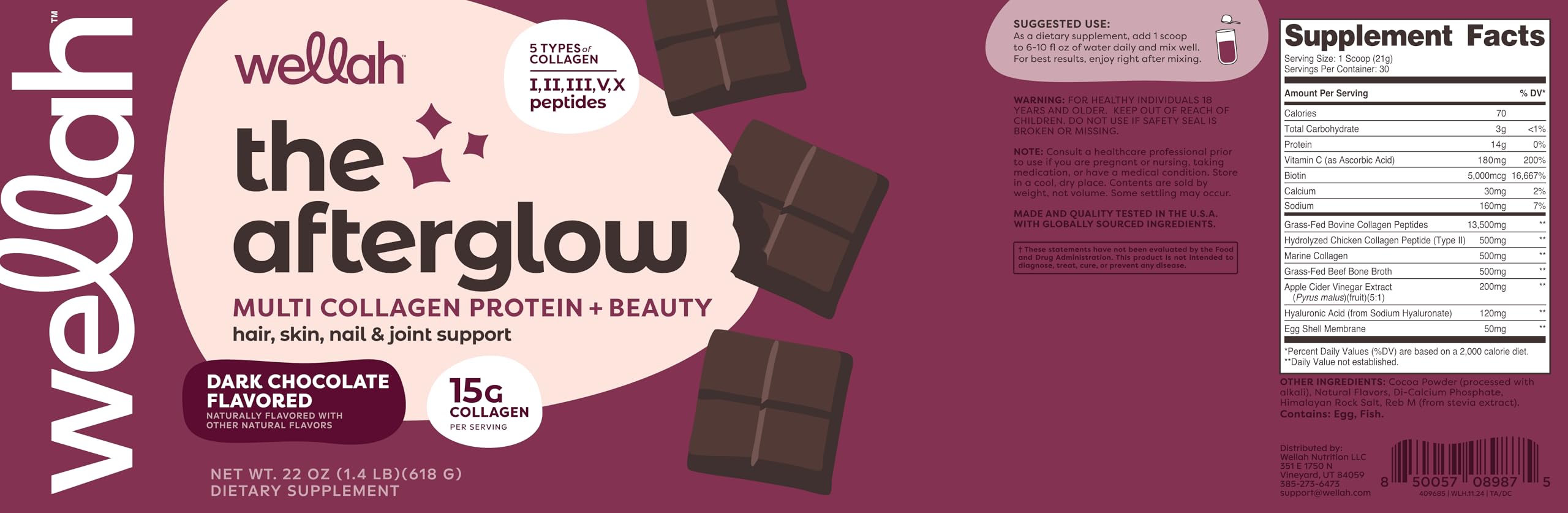 Wellah Afterglow packaging-label highlights GMP testing and quality assurance.