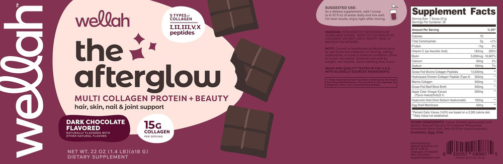Wellah Afterglow packaging-label highlights GMP testing and quality assurance.