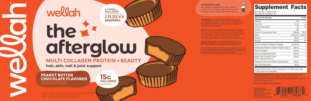 Wellah Afterglow tub top-view shows full collagen supplement ready to mix.