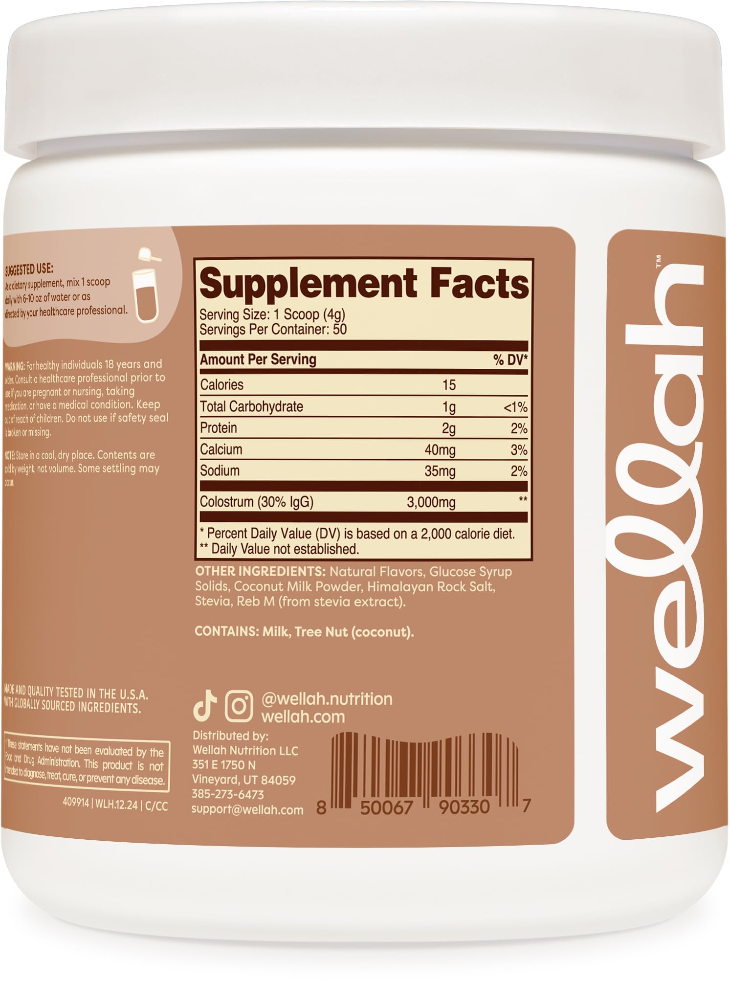 Wellah Colostrum Coconut Cream jar side view showing packaging and texture.
