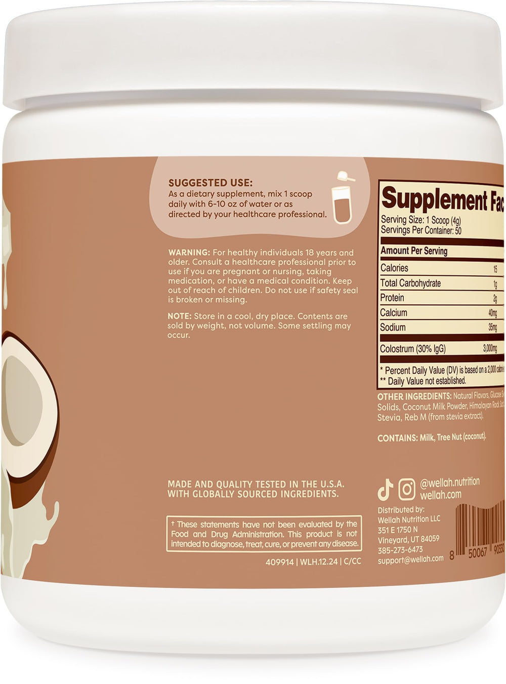 Wellah Colostrum Coconut Cream label closeup emphasizing stevia-sweetened formula.