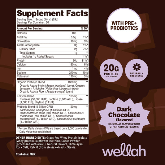 Wellah grass-fed whey protein dark chocolate scoop for easy shakes