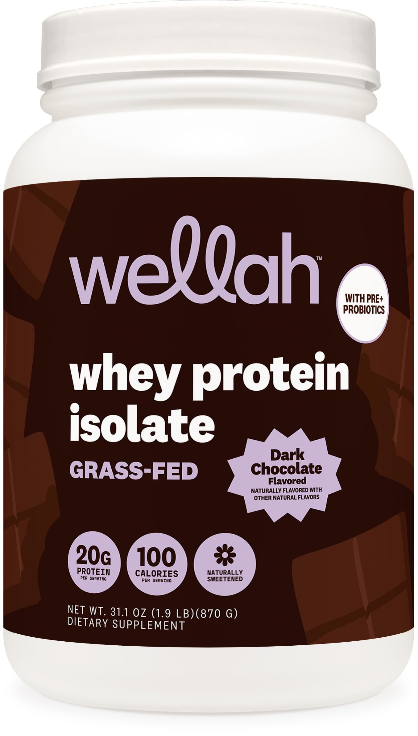 Wellah grass-fed whey protein dark chocolate tub for daily protein support
