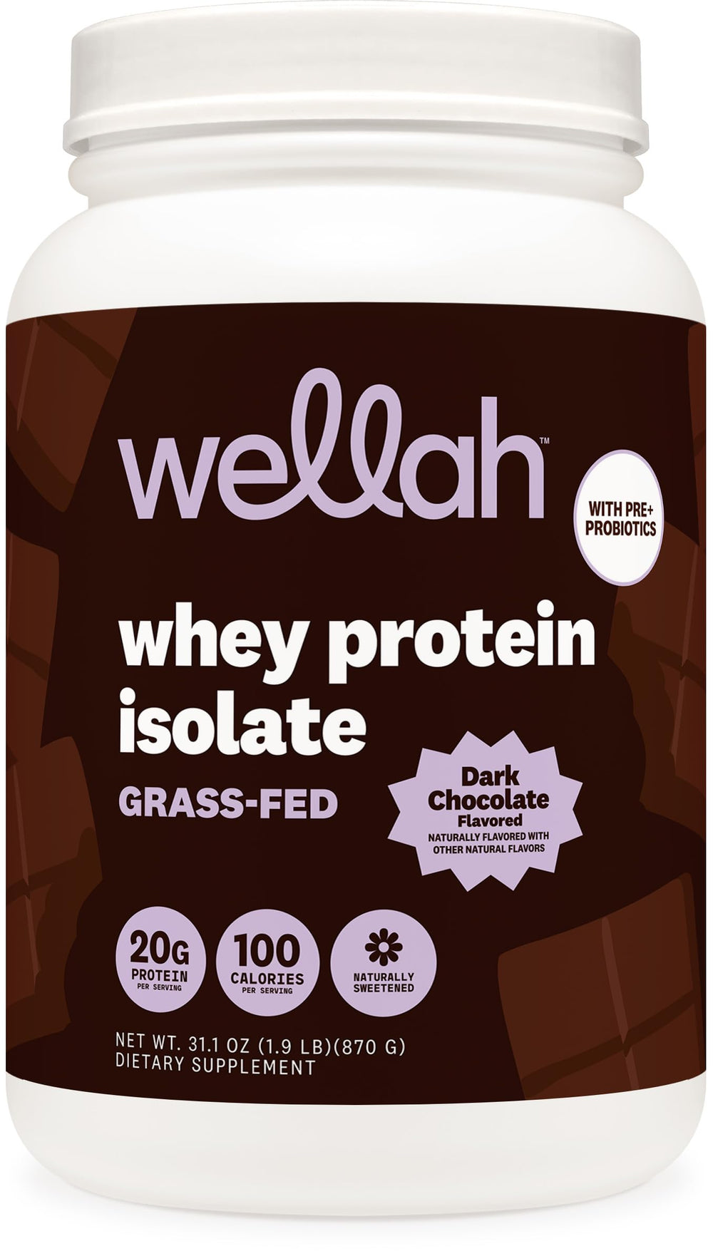 Wellah grass-fed whey protein dark chocolate tub for daily protein support
