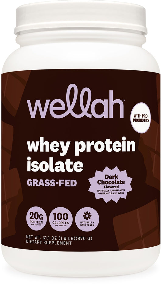 Wellah grass-fed whey protein dark chocolate tub for daily protein support