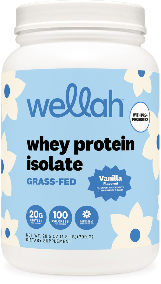 Wellah vanilla grass-fed whey protein isolate scoop for shakes and muscle support
