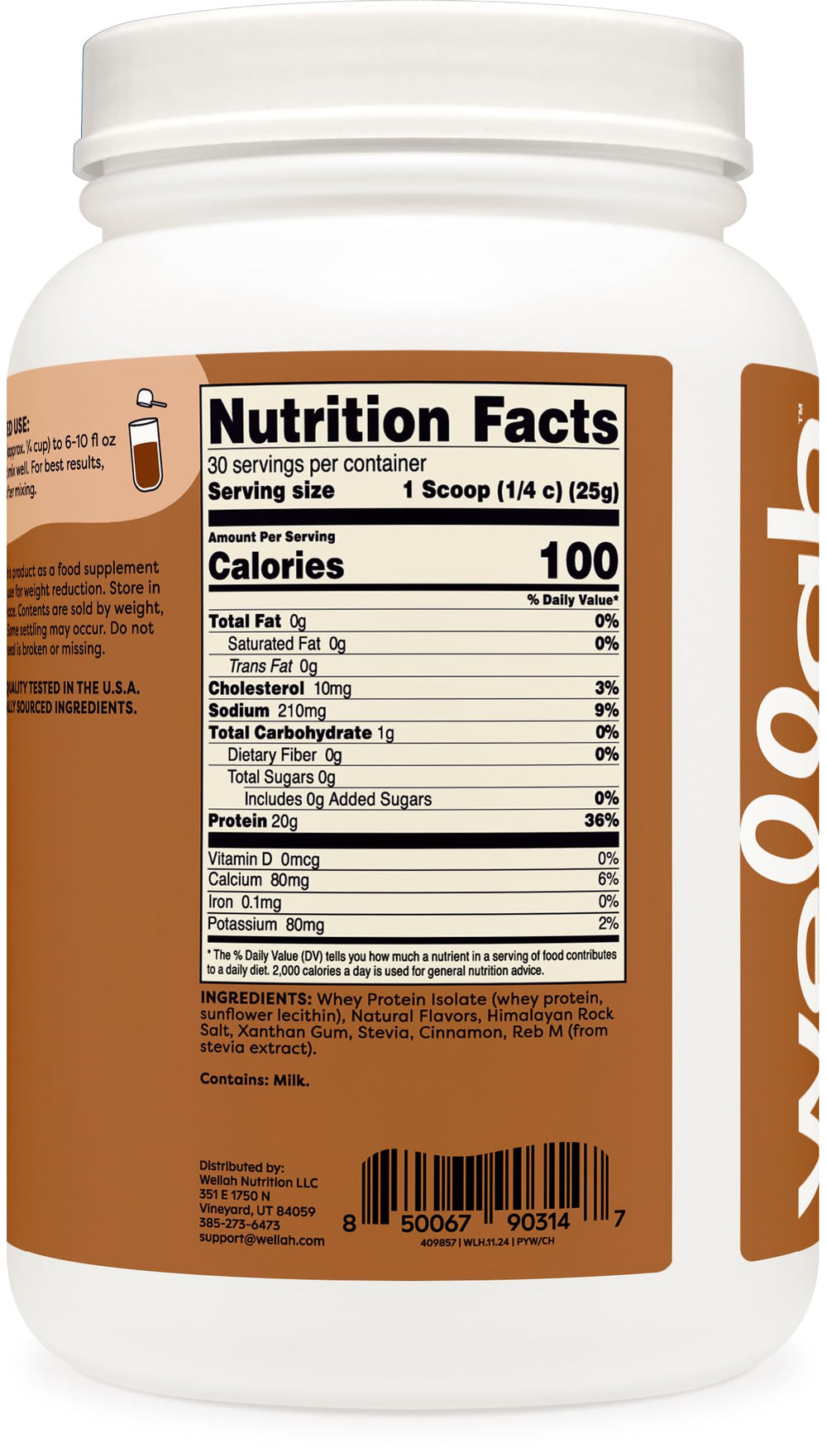 Wellah Protein Your Whey chai container side view highlighting 30 servings.