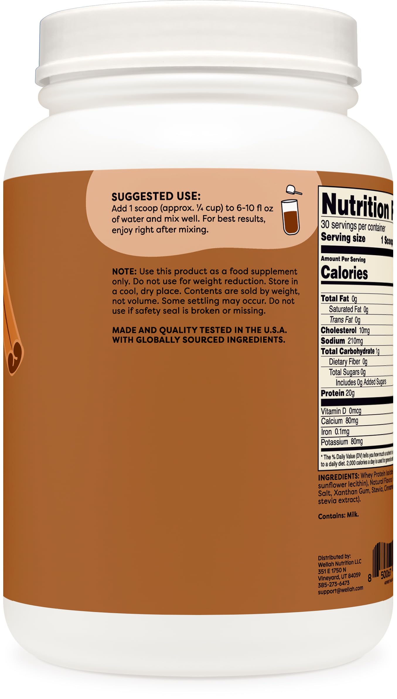 Wellah Protein Your Whey chai label close-up shows flavor and nutrition details.