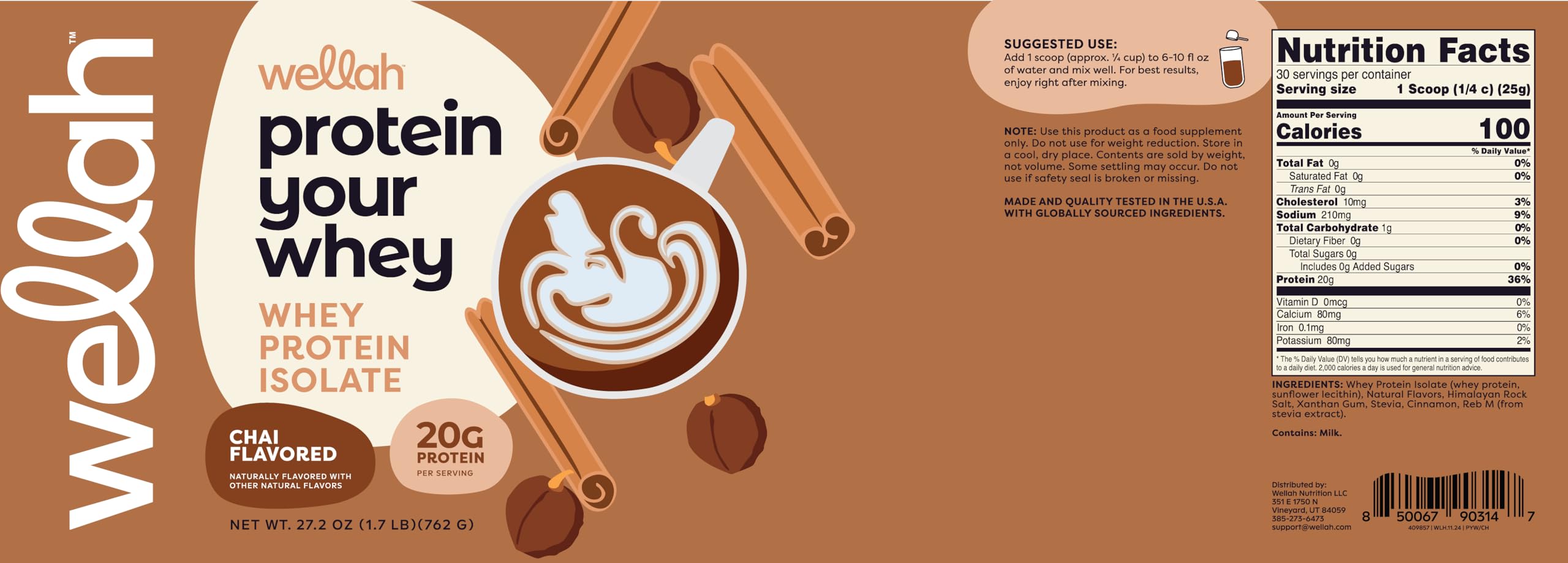 Wellah Protein Your Whey chai packaging showcases flavor variety and quality.