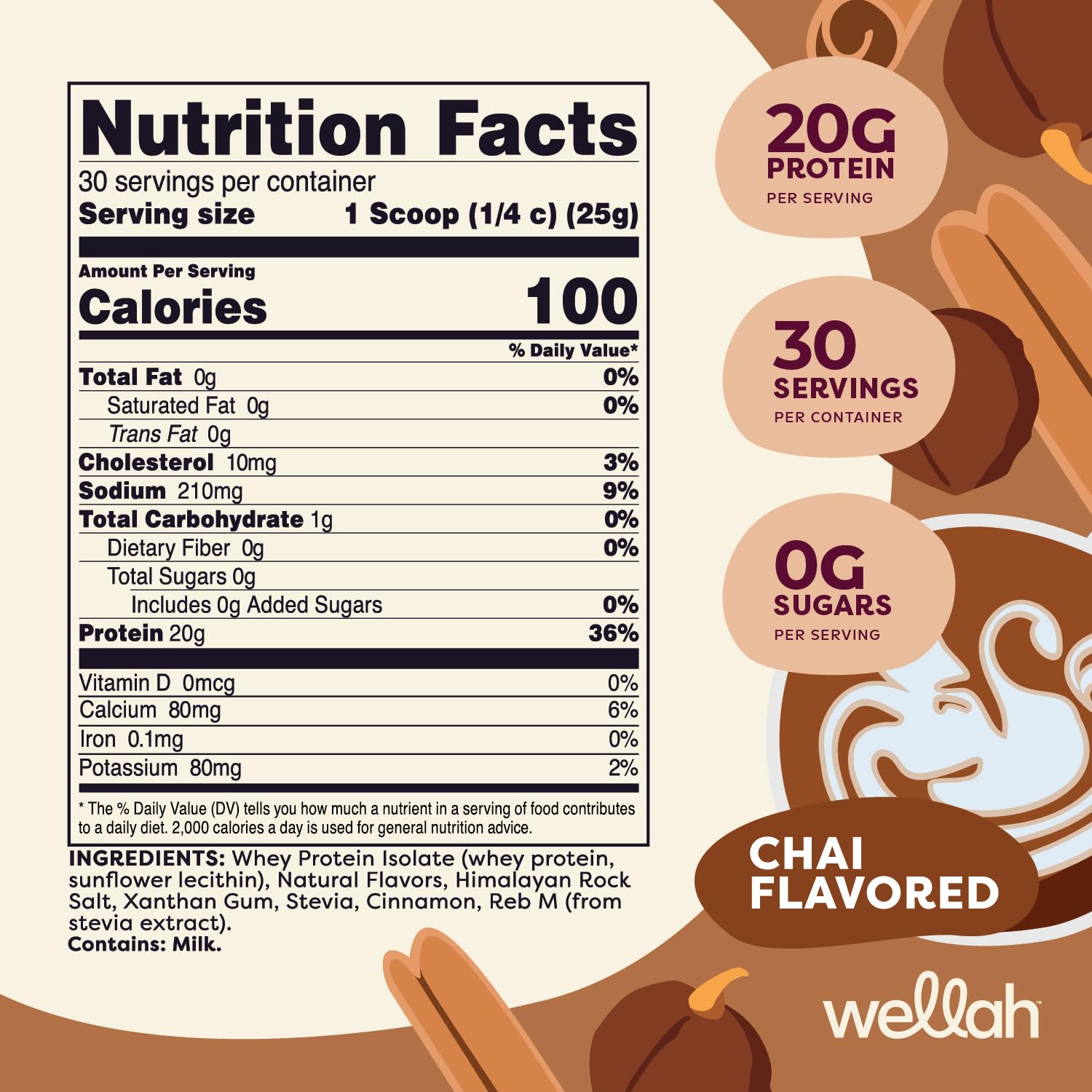 Wellah Protein Your Whey chai scoop and powder visible for quick, convenient mixing.
