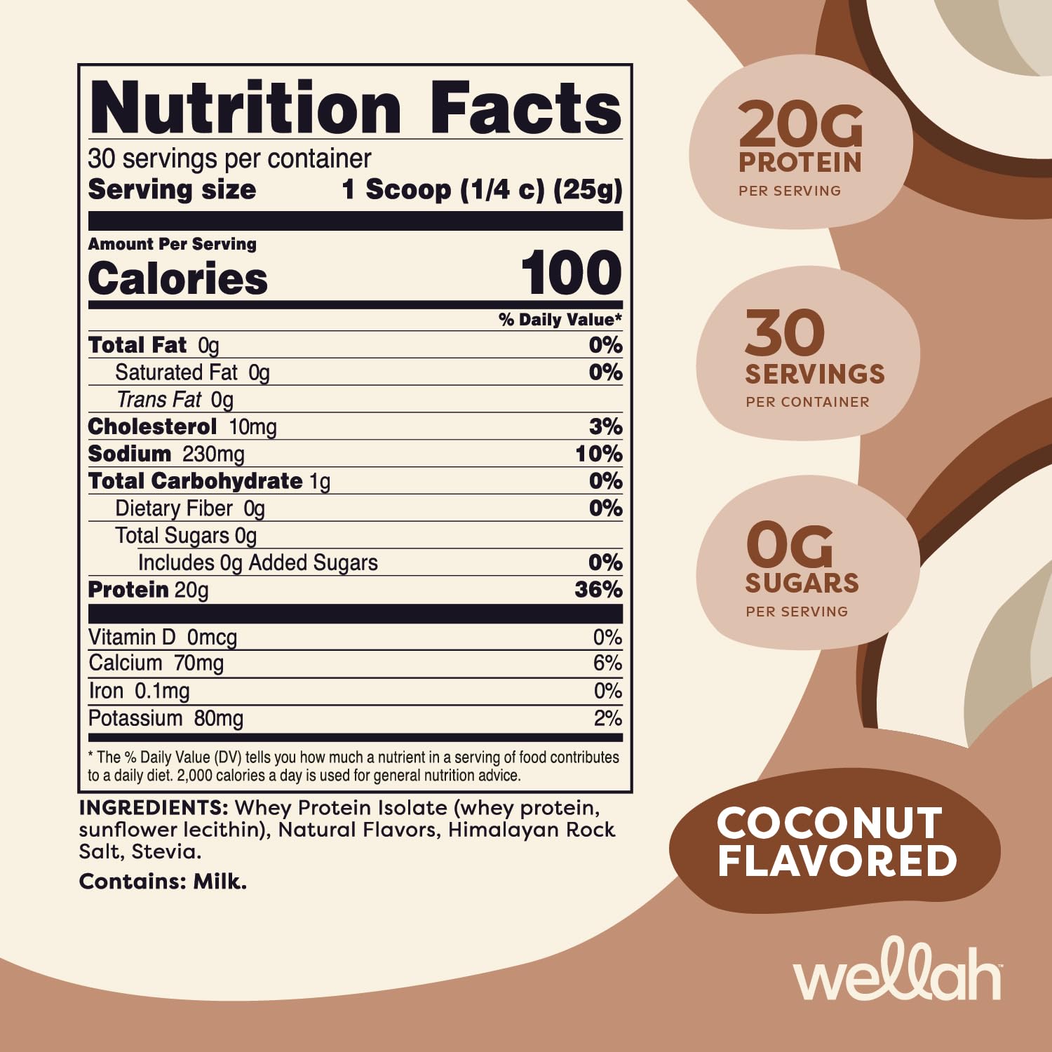 Wellah Protein Your Whey Coconut serving scoop highlights convenient 30 servings in one container.