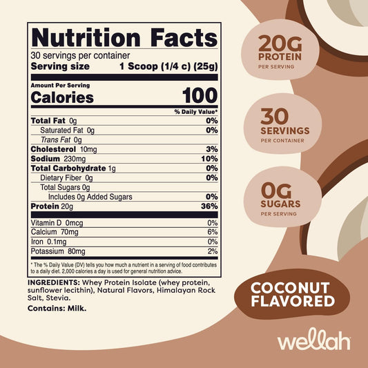 Wellah Protein Your Whey Coconut serving scoop highlights convenient 30 servings in one container.