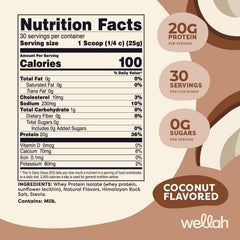 Wellah Protein Your Whey Coconut serving scoop highlights convenient 30 servings in one container.