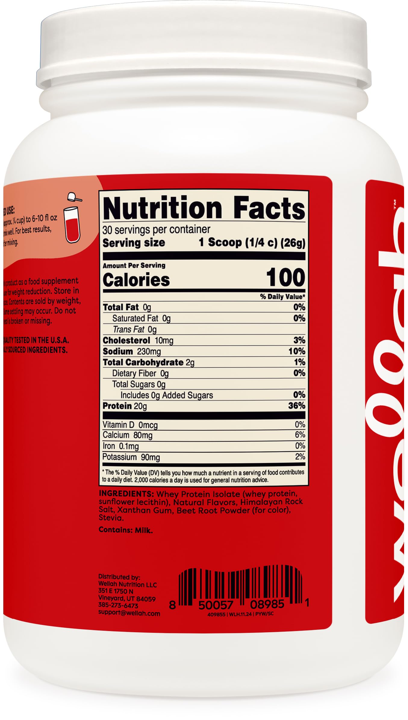 Wellah Protein Your Whey nutrition facts panel indicating serving size and protein isolate details