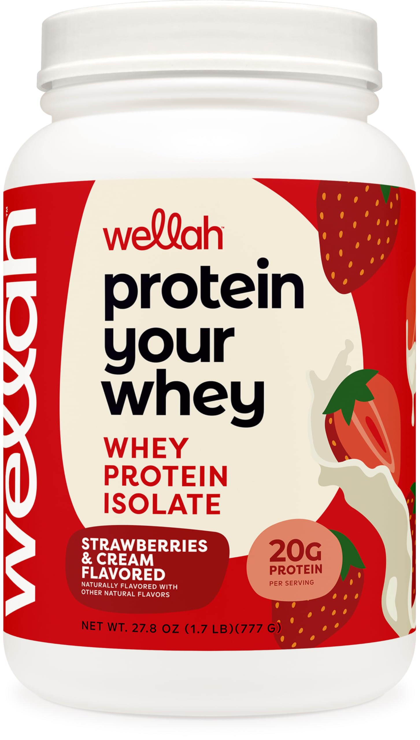 Wellah Protein Your Whey Strawberries and Cream bottle front showing premium isolate formula for daily protein