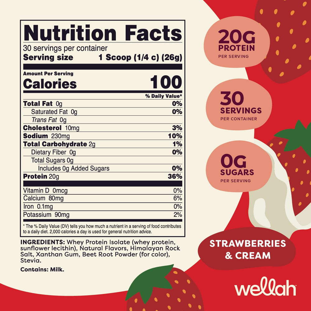 Wellah Protein Your Whey Strawberries and Cream serving cup highlighting portion control for nutrition