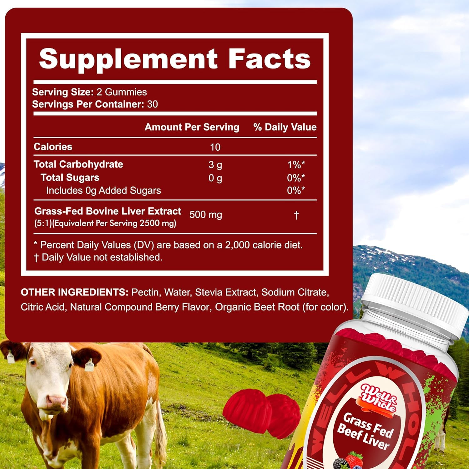 Well&Whole berry-flavored beef liver gummies ideal for on-the-go nutrition.
