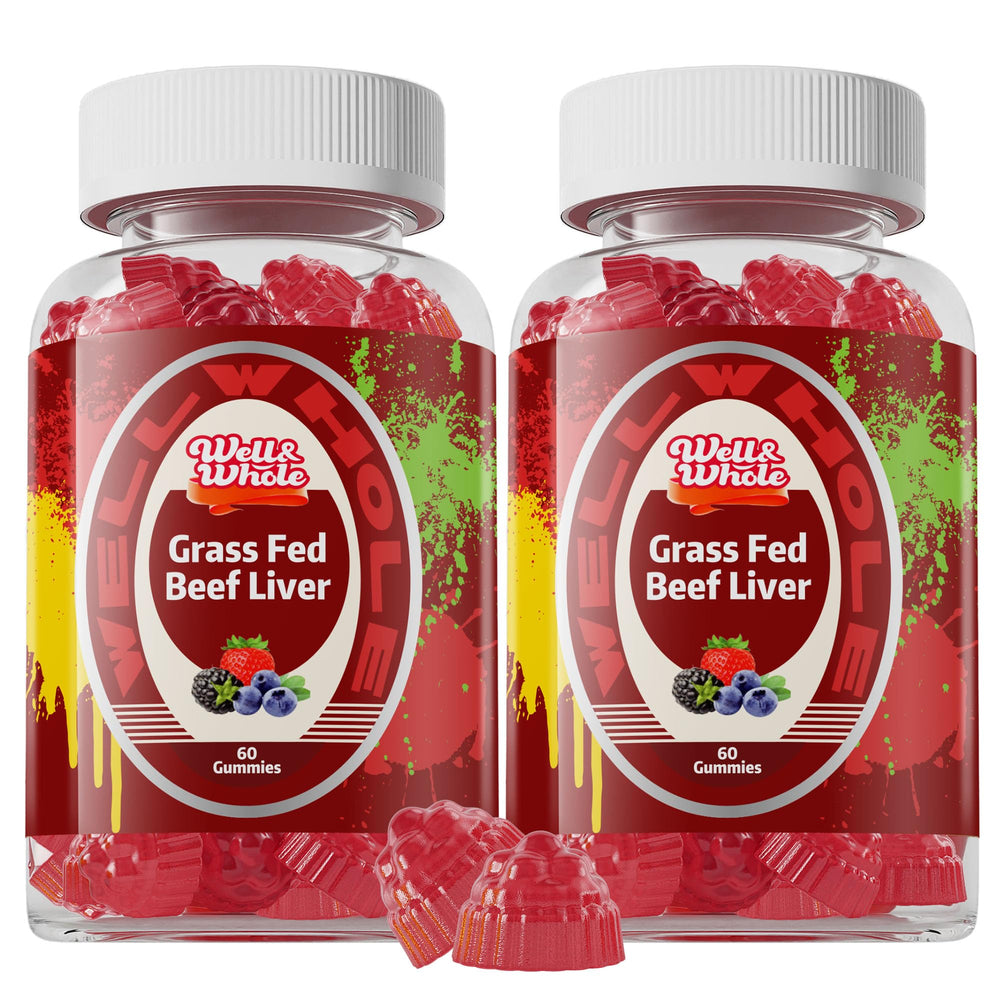 Well&Whole grass-fed beef liver gummies bottle for daily energy support.