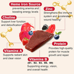Well&Whole beef liver gummies nutrition panel highlighting vitamins A, B12, and iron.