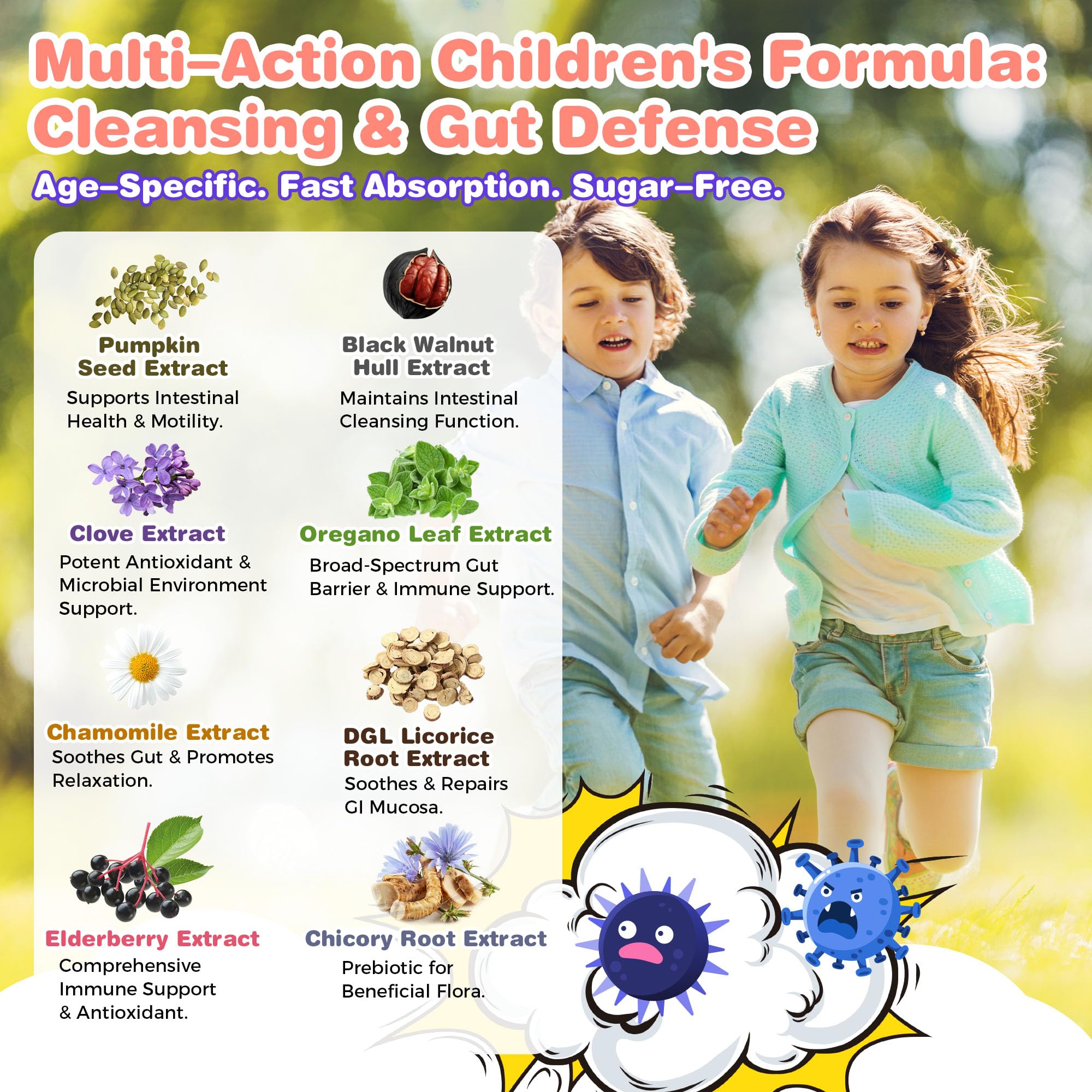Ingredients like pumpkin seeds and cloves shown for kid-friendly gut support.