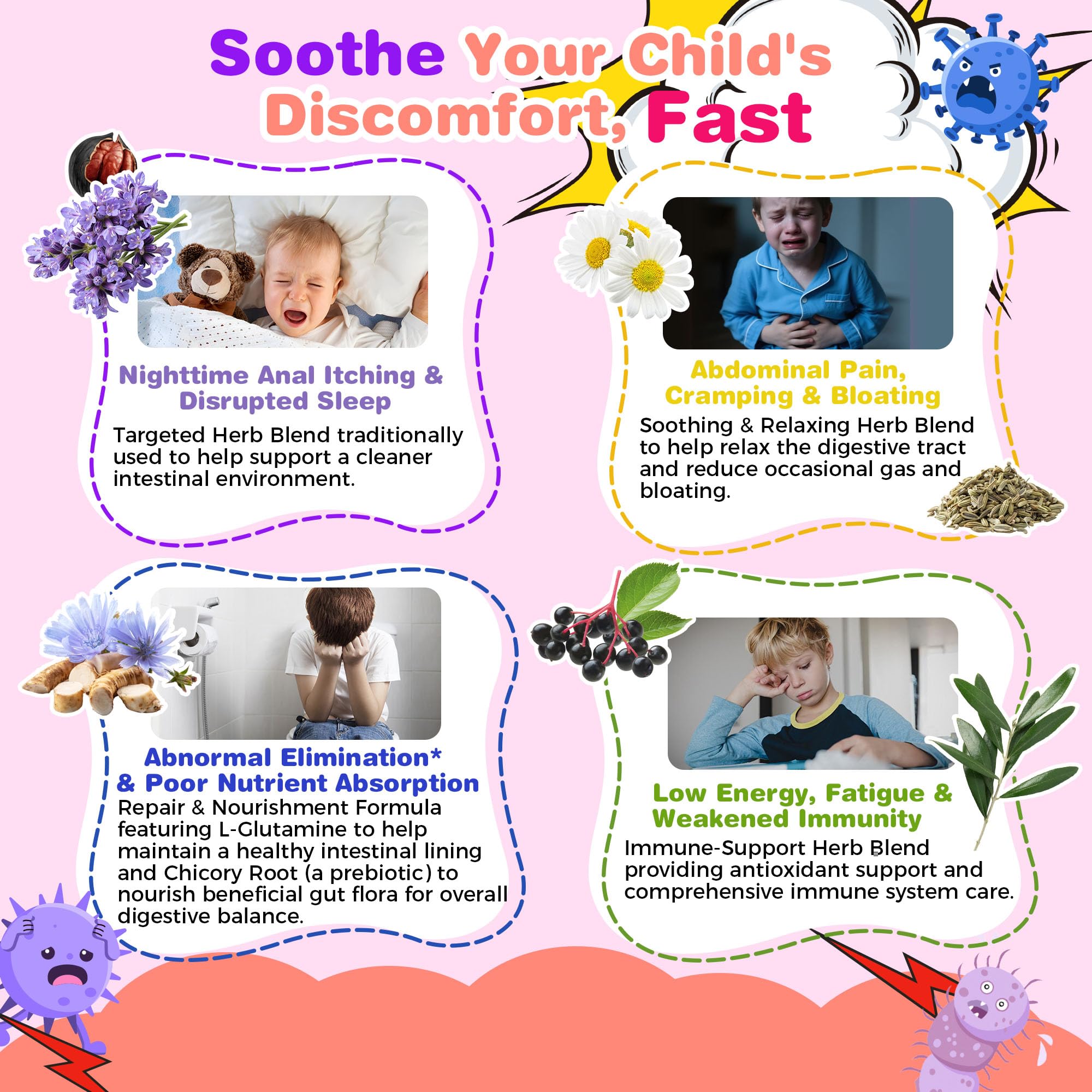 Dosing guide for 1–3 years and 4+ years with clear measurements.