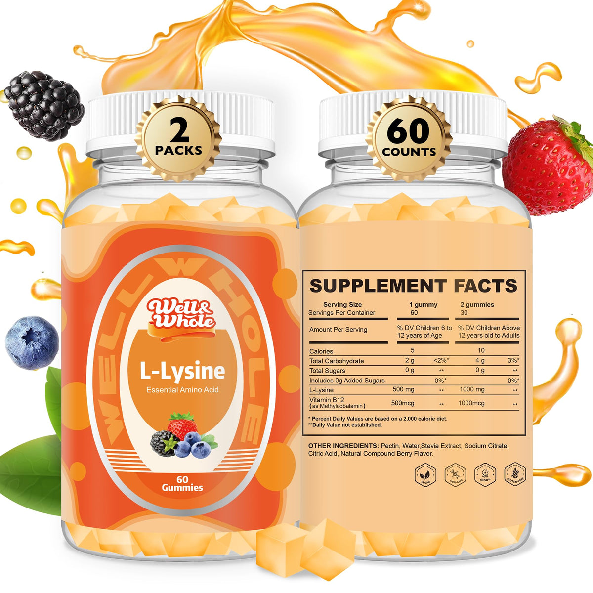 Well&Whole L-Lysine Gummies bottle with label for daily wellness and immune support.
