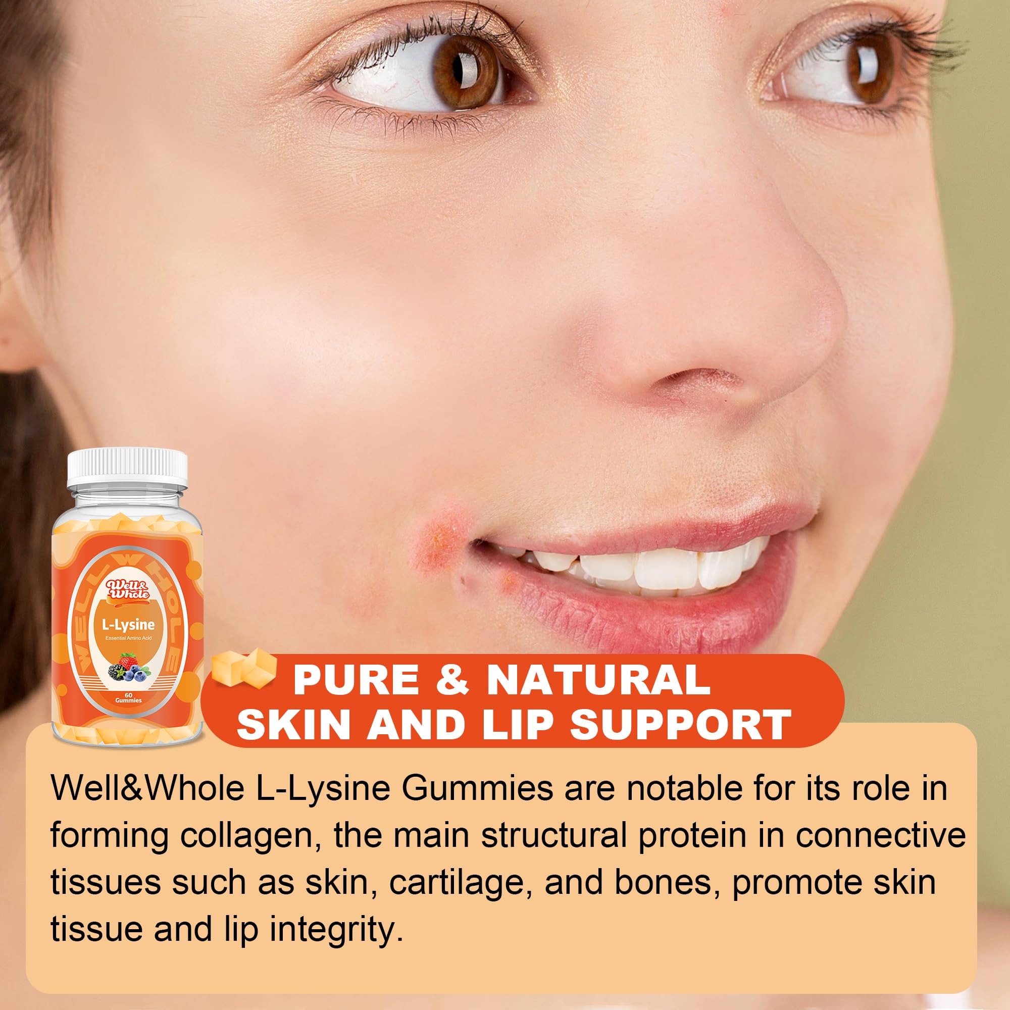 Well&Whole L-Lysine Gummies packaging on countertop for kids and adults daily use.