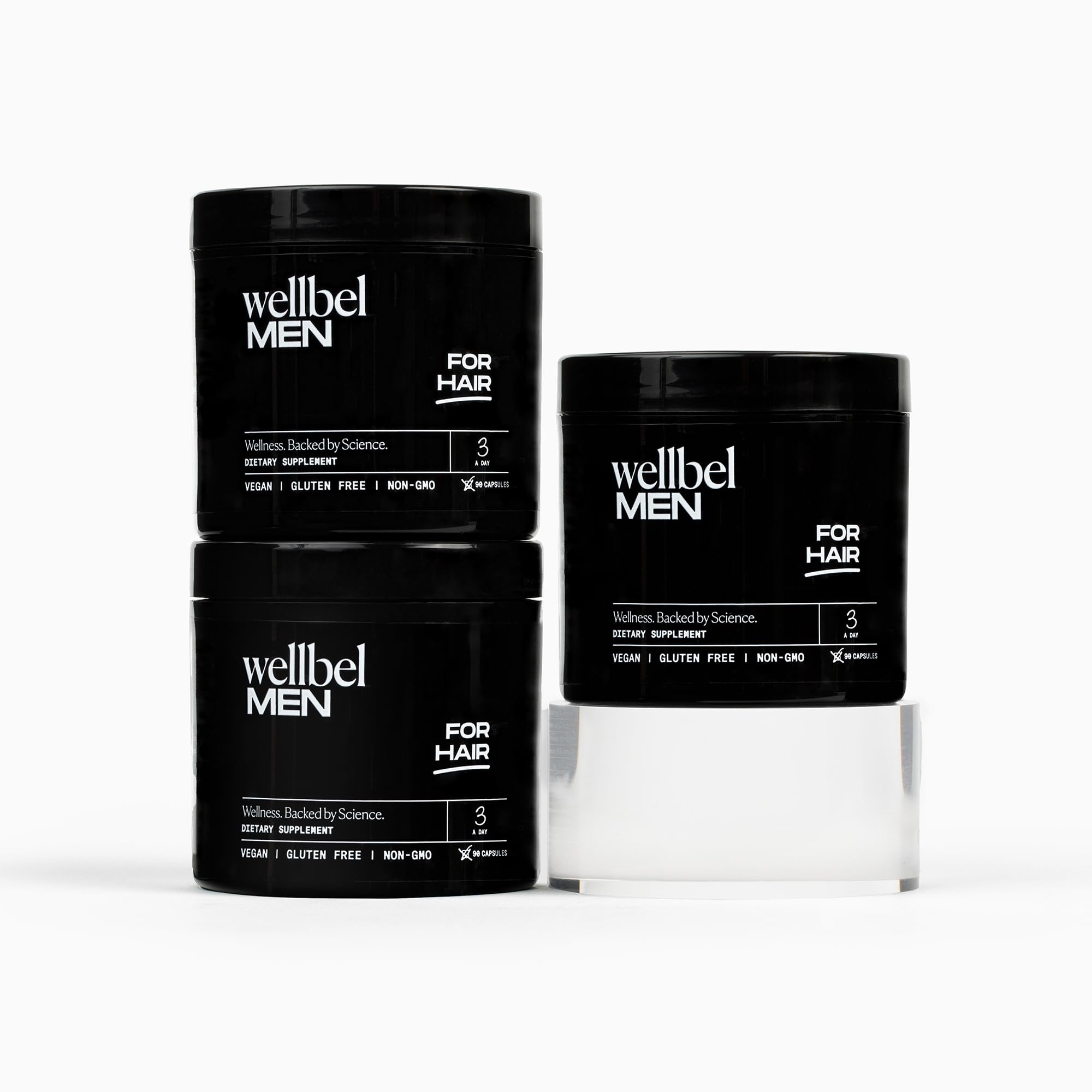 WELLBEL Men Clean bottle front showing vegan daily formula for hair health