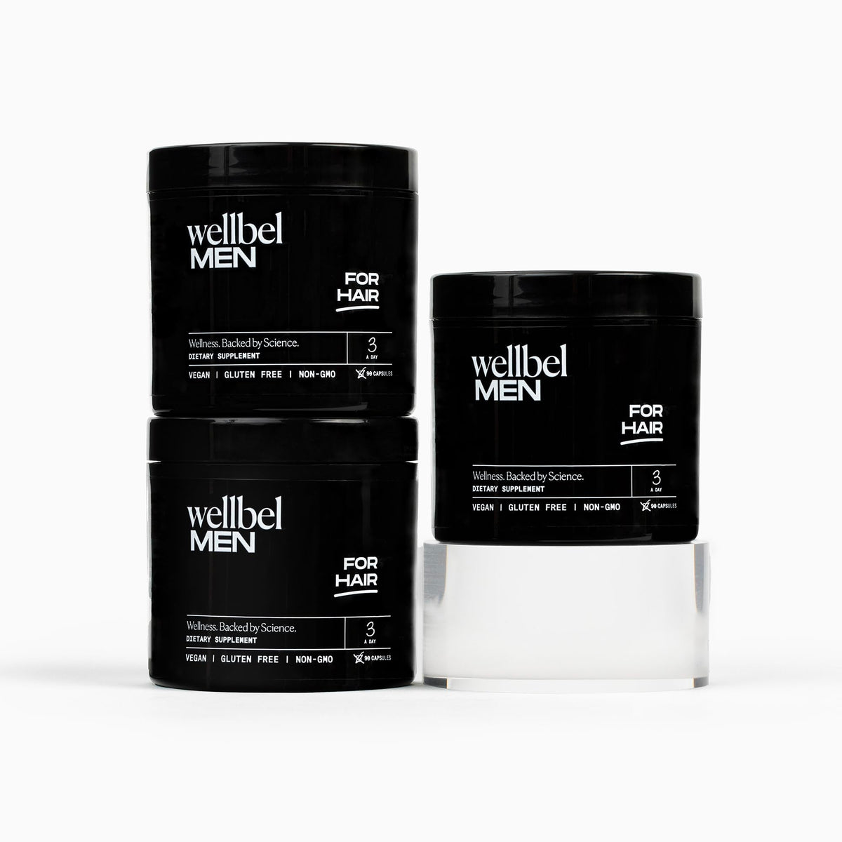 WELLBEL Men Clean bottle front showing vegan daily formula for hair health