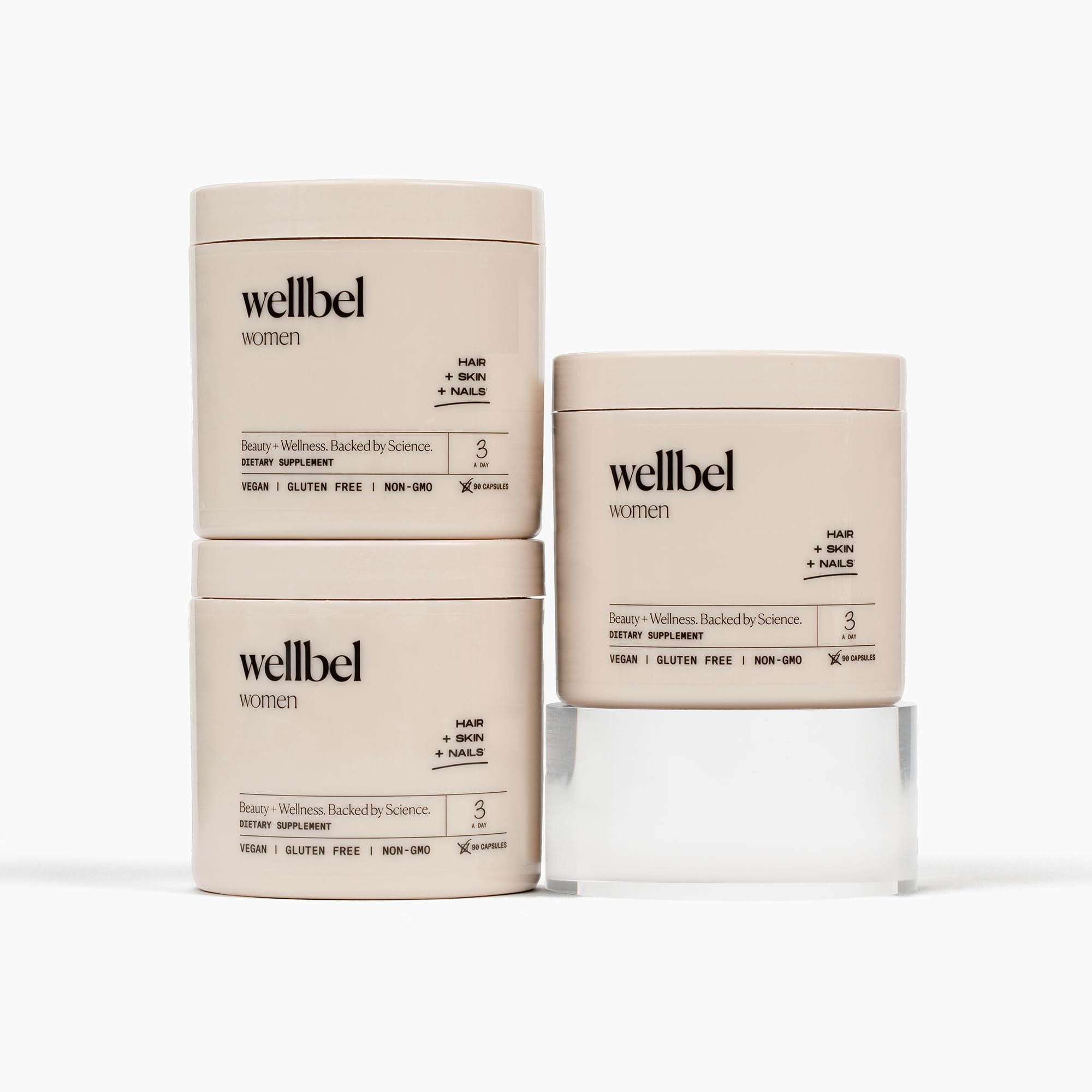 WELLBEL Women Clean bottle highlights vegan, non-GMO formula for hair, skin, and nails.