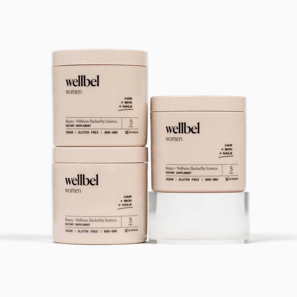 WELLBEL Women Clean bottle highlights vegan, non-GMO formula for hair, skin, and nails.