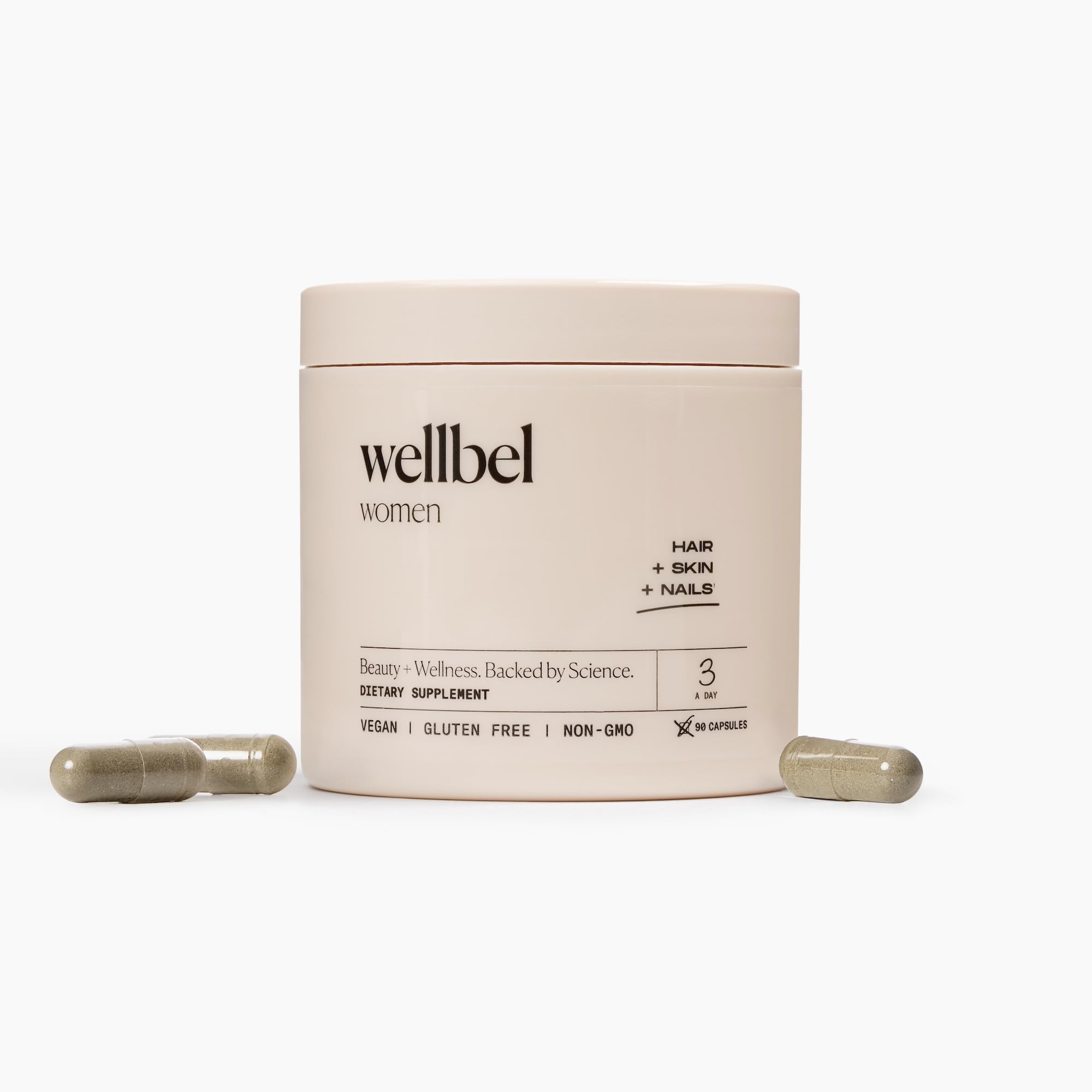 WELLBEL Women bottle close-up for daily hair, skin, nails nourishment.