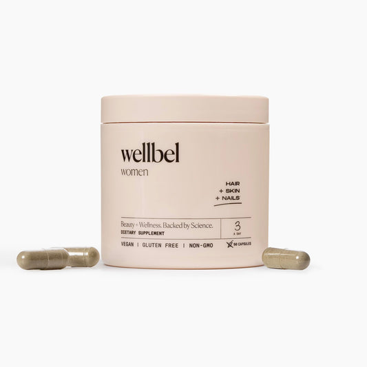 WELLBEL Women bottle close-up for daily hair, skin, nails nourishment.