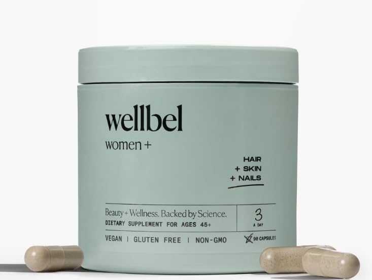 WELLBEL Women+ bottle with capsules ready for daily hair, skin, and nails support.