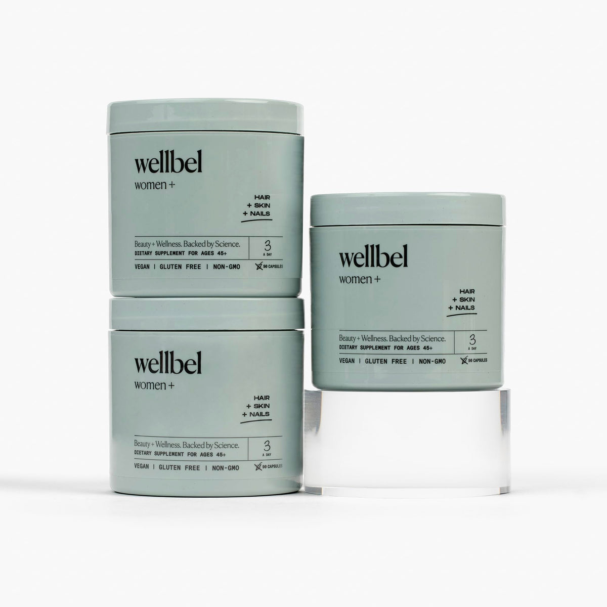 Wellbel Women+ bottle front view showing vegan supplement for hair, skin, and nails.