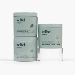 Wellbel Women+ bottle front view showing vegan supplement for hair, skin, and nails.