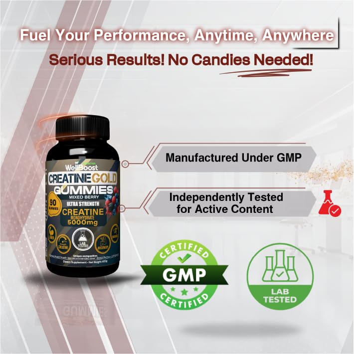 WellBoost Creatine Gold bottle with scoop beside gummies.