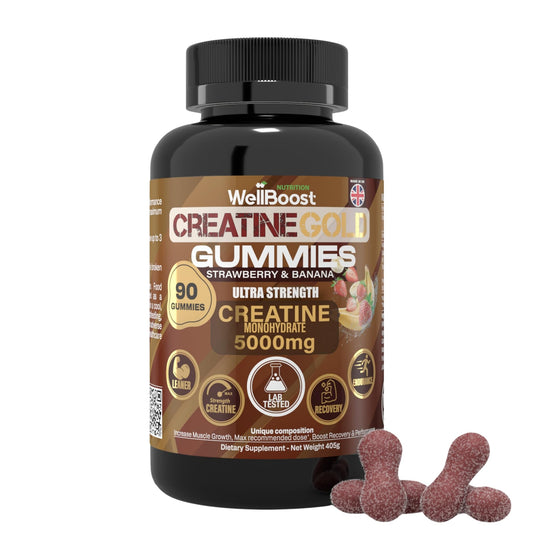 WellBoost Creatine Gold bottle for convenient daily energy support during workouts.