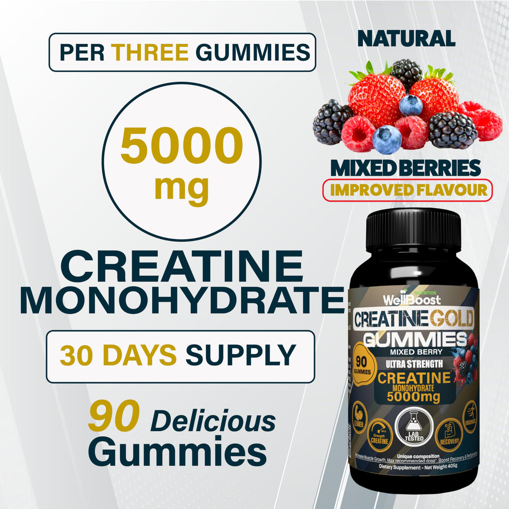 WellBoost Creatine Gold mixed berry gummies for steady gym energy.