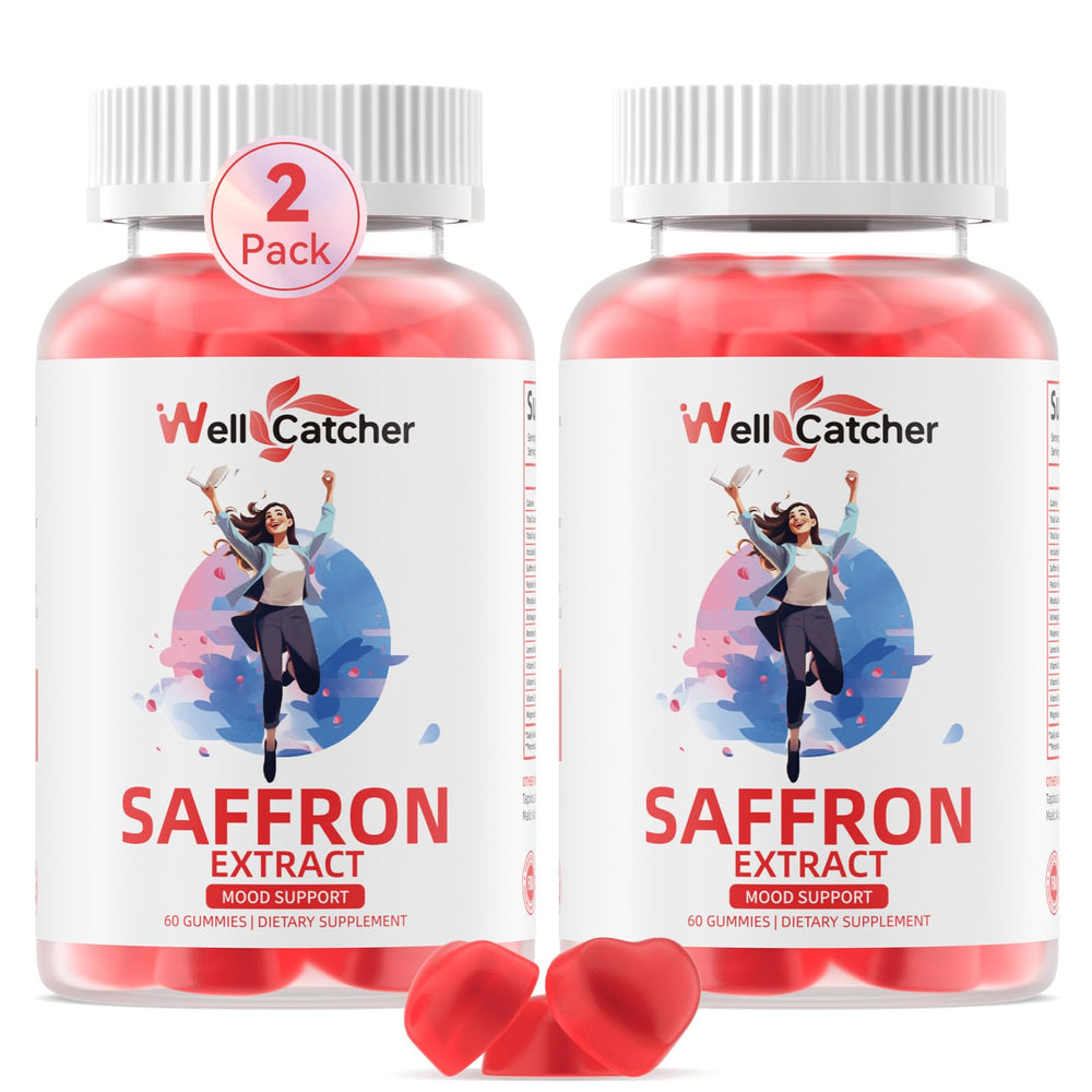 Wellcatcher Saffron Gummies bottle front with strawberry flavor for daily mood support