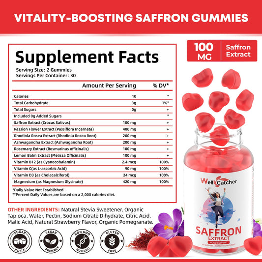 Wellcatcher Saffron Gummies bottle open showing colorful gummies for sleep-friendly routine