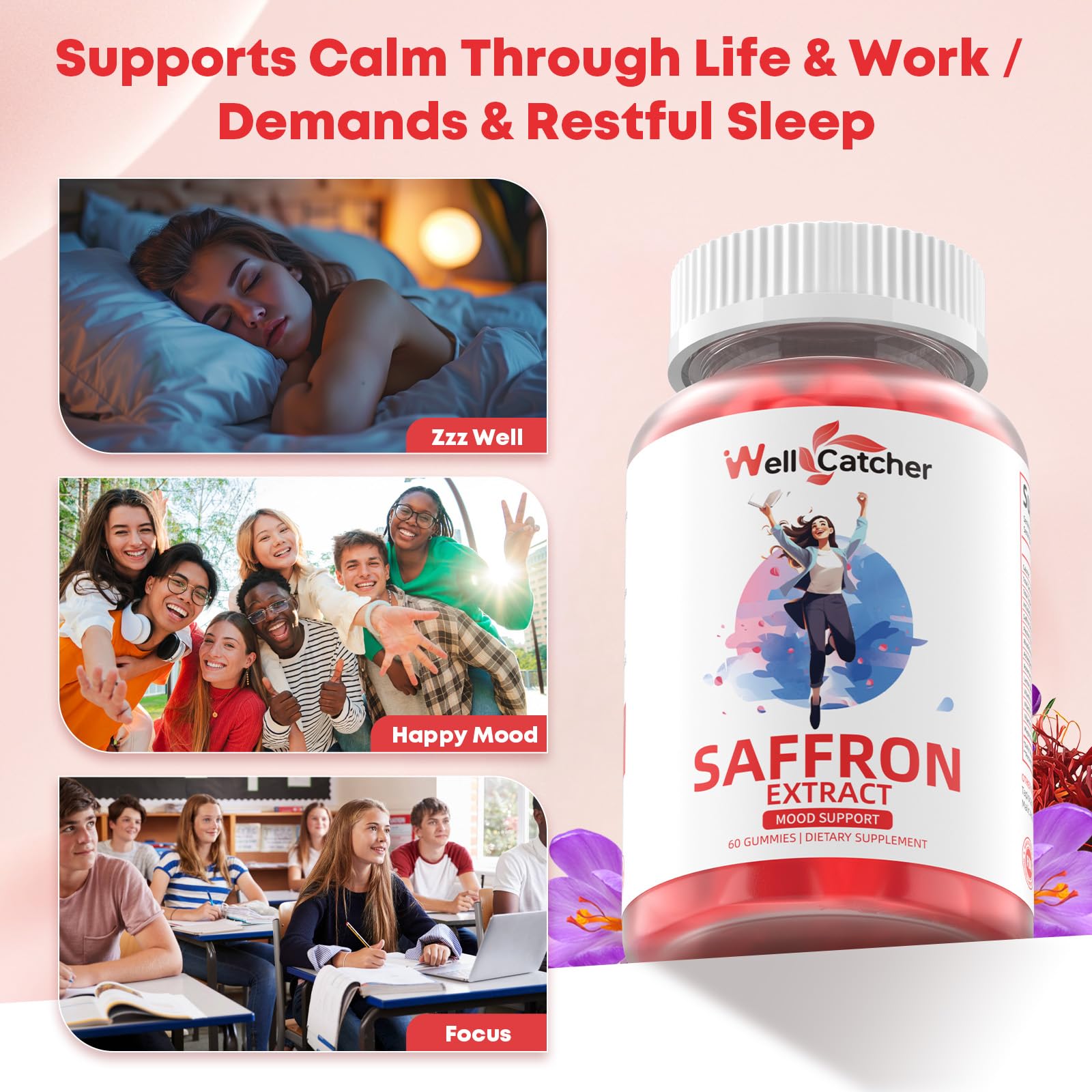 Wellcatcher Saffron Gummies packaging and label with vegan and non-GMO badges