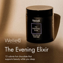 Wellco Evening Elixir scoop beside mug signaling easy nightly ritual.