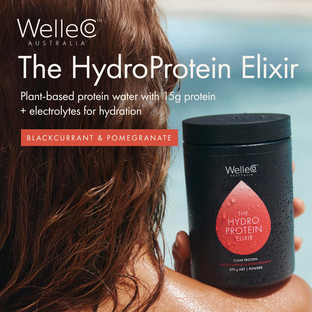 WelleCo HydroProtein Elixir bottle closeup label with vegan protein and ingredients