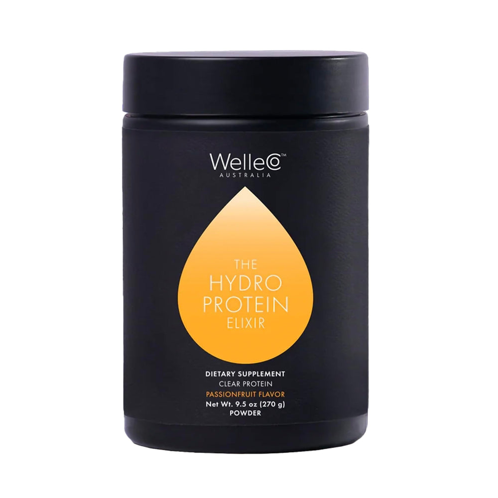 WelleCo HydroProtein Elixir bottle being poured for refreshing hydration