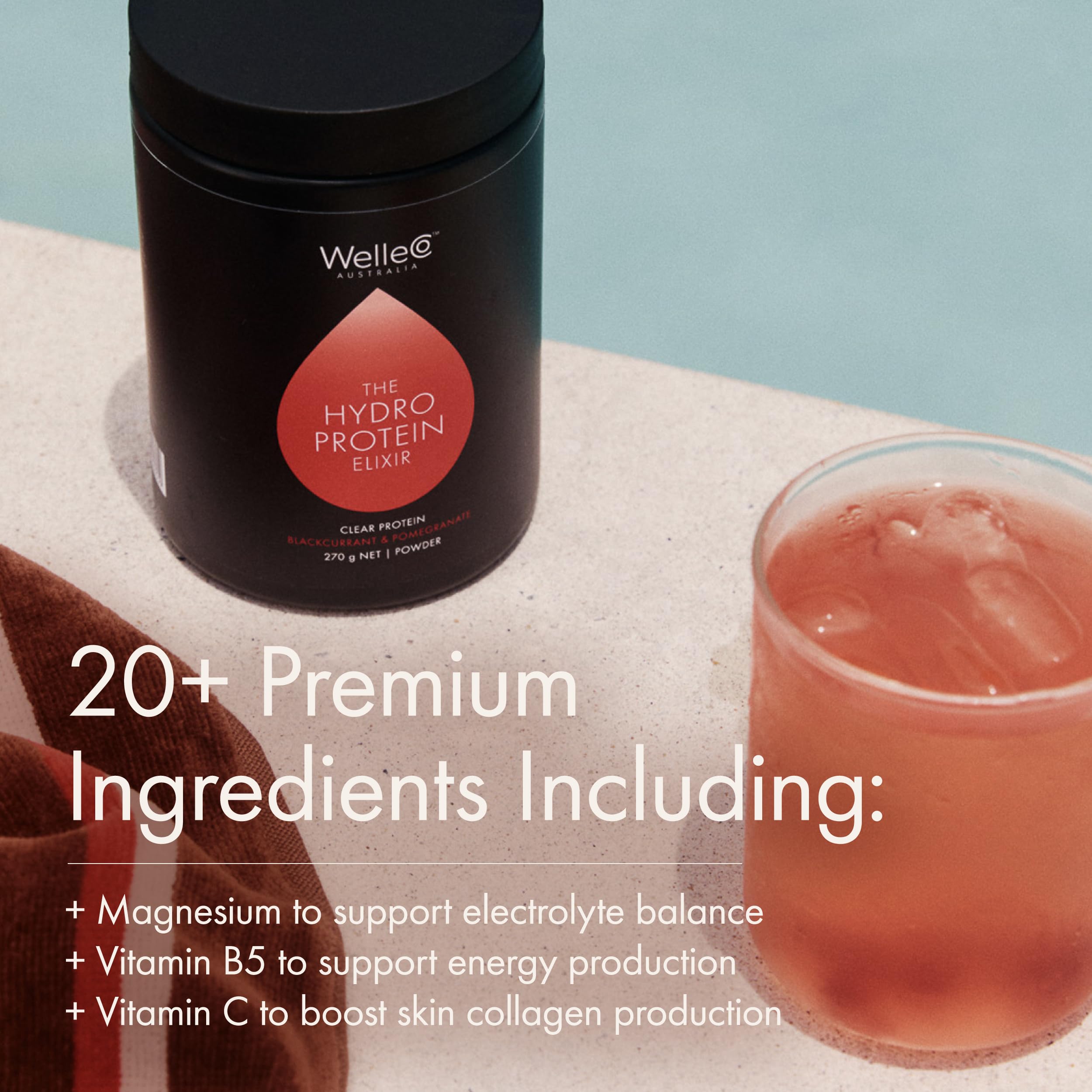 WelleCo HydroProtein Elixir passionfruit-turmeric scene suggests bright flavor